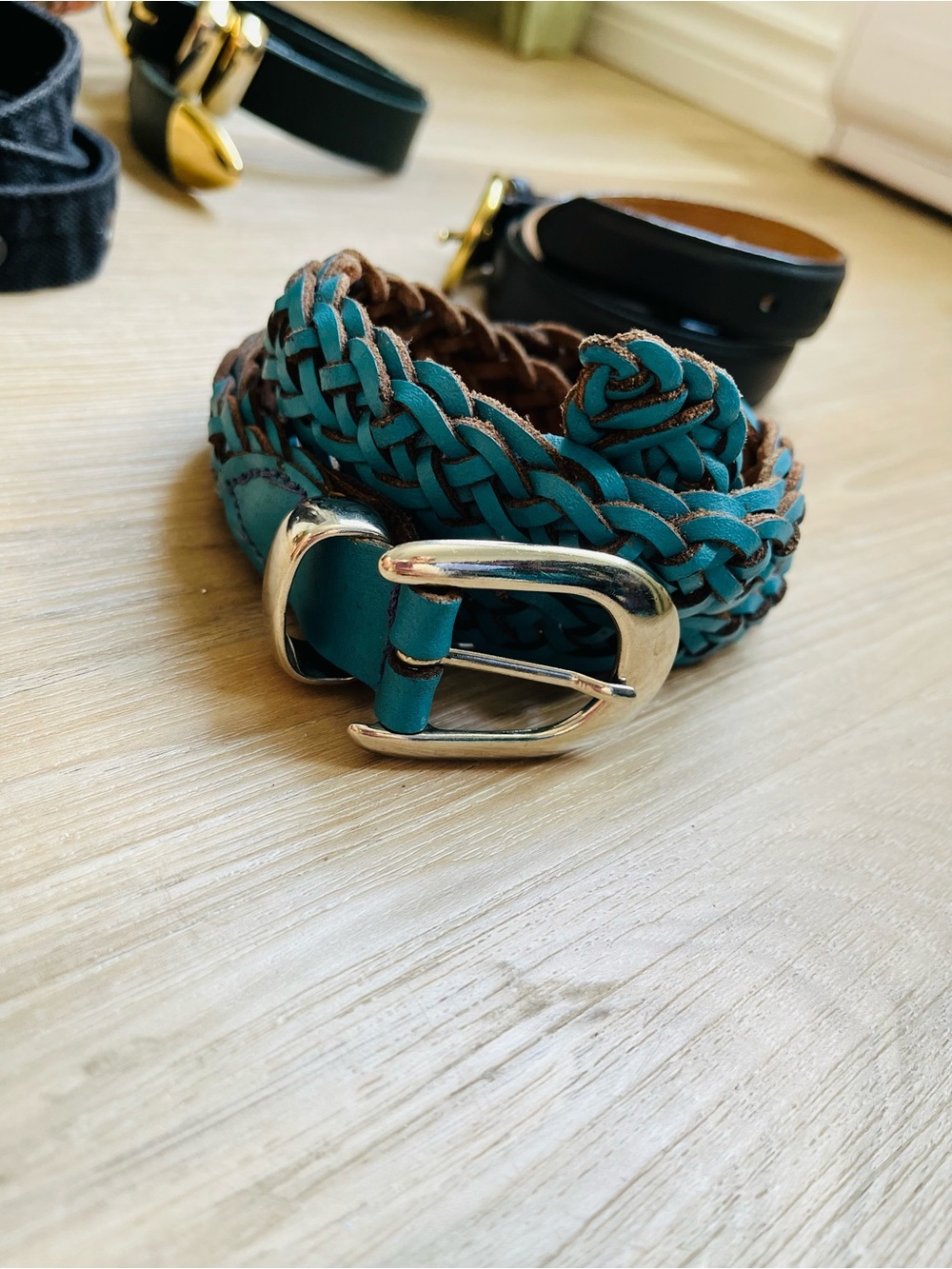 Women’s Vintage Authentic Braided Teal Leather Belt 38” L